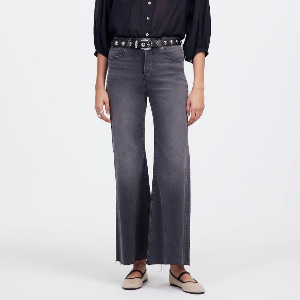 Madewell Flared Wide Leg Crop Jeans Black Gray Raw Hem High Rise Stretch 27